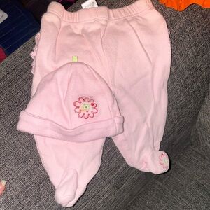 NB ruffle bottom footed pants with matching baby cap